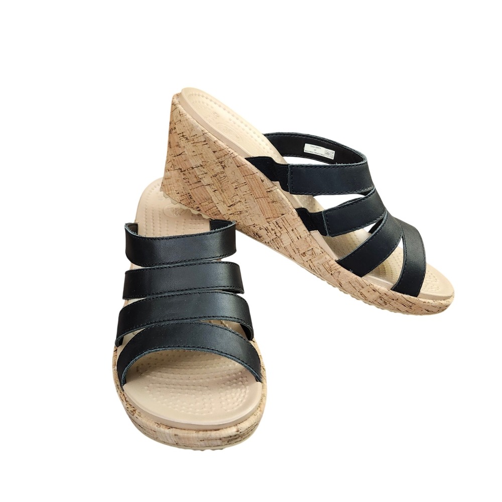 Crocs A-Leigh Leather Slide Wedge Black Tan Cork Sandals Womens 9 Beach Comfort
